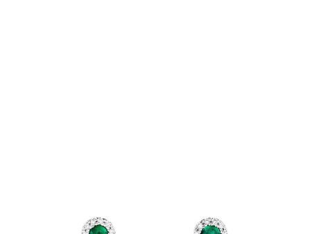 14K White Gold Round Diamond Halo Emerald Stud Earrings, 0.39 TCW Cheap