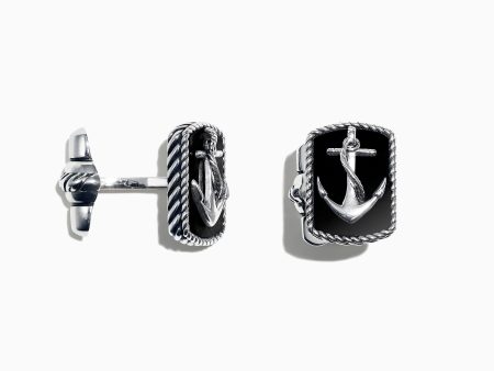 Men s Sterling Silver Onyx Anchor Cufflinks, 9.85 TCW Sale