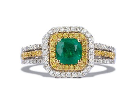 14K Tri-Color Gold Emerald, Yellow & White Diamond Ring, 1.48 TCW Fashion