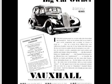 Vauxhall 25 h.p. Saloon. Original Vintage Advert From March 30th, 1938. Online now