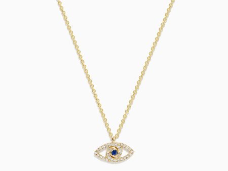 Novelty 14K Yellow Gold Sapphire and Diamond Evil Eye Pendant on Sale