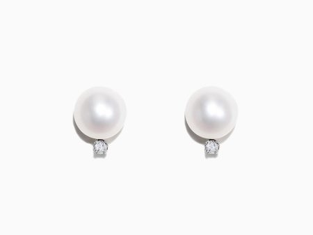 14K White Gold Cultured Fresh Water Pearl & Diamond Earrings. 0.05 TCW For Sale