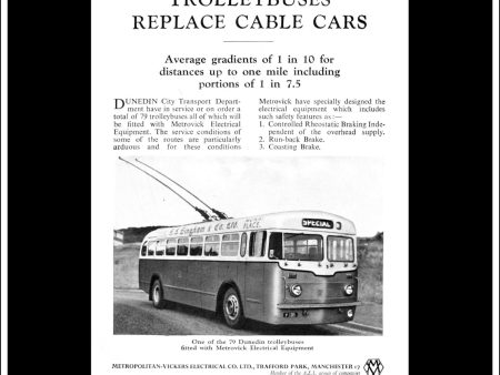 Metrovick   Metropolitan-Vickers Electrical Equipment   Trolleybuses. Original Vintage Advert From July, 1952. Dunedin, New Zealand Discount