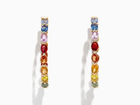 Watercolors 14K Yellow Gold Multi Sapphire 1  Hoop Earrings, 6.18 TCW Online now