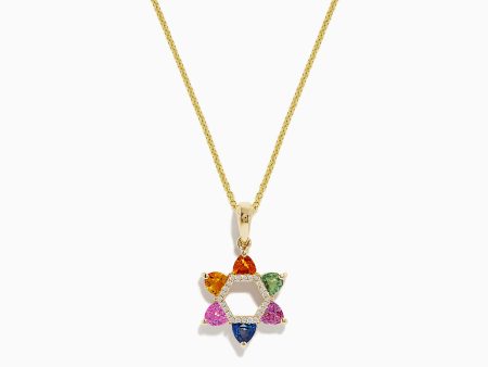 14K Gold Multi Sapphire & Diamond Star of David Pendant, 1.96 TCW on Sale