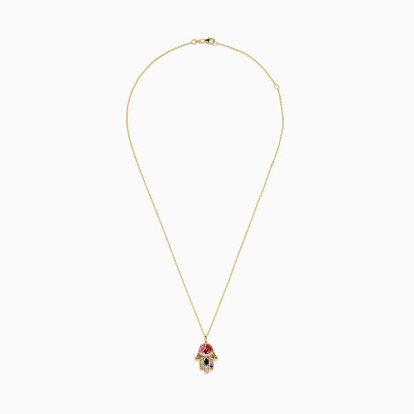 Watercolors 14K Multi Sapphire and Diamond Hamsa Pendant For Discount