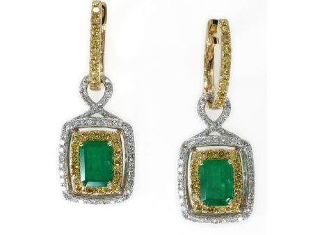 14K 2-Tone Gold Emerald, Yellow and White Diamond Earrings, 2.90 TCW Supply