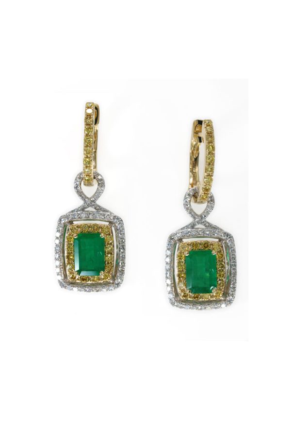 14K 2-Tone Gold Emerald, Yellow and White Diamond Earrings, 2.90 TCW Supply