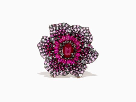 14K Rose Gold Ruby, Sapphire and Diamond Flower Ring, 5.92 TCW Online Sale