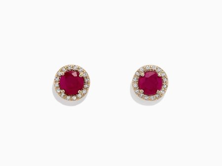 Ruby Royale 14K Yellow Gold Round Diamond Halo Ruby Stud Earrings, 1.27 TCW For Cheap