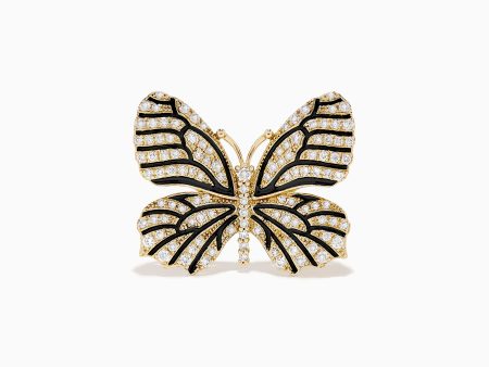 Nature 14K Yellow Gold Black and White Diamond Butterfly Ring Online Hot Sale