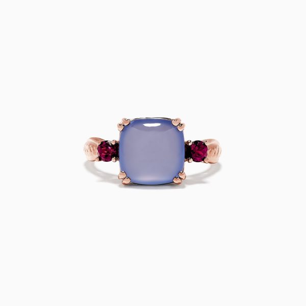 14K Rose Gold Chalcedony, Rhodolite Garnet and Diamond Ring, 4.42 TCW For Sale