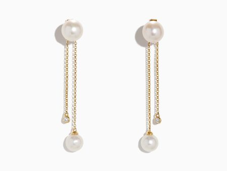 14K Yellow Gold Diamond and Fresh Water Pearl Drop Earrings, 0.05 TCW For Sale