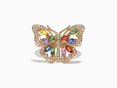 Watercolors 14K Gold Multi Sapphire Diamond Butterfly Ring, 2.62 TCW Online now