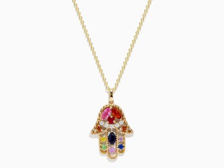 Watercolors 14K Multi Sapphire and Diamond Hamsa Pendant For Discount