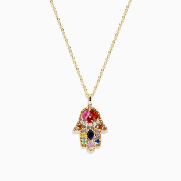 Watercolors 14K Multi Sapphire and Diamond Hamsa Pendant For Discount