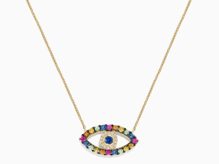 Novelty 14K Yellow Gold Multi Sapphire and Diamond Evil Eye Necklace For Sale