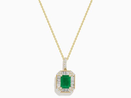 14K Yellow Gold Baguette Diamond Halo Emerald Pendant Fashion