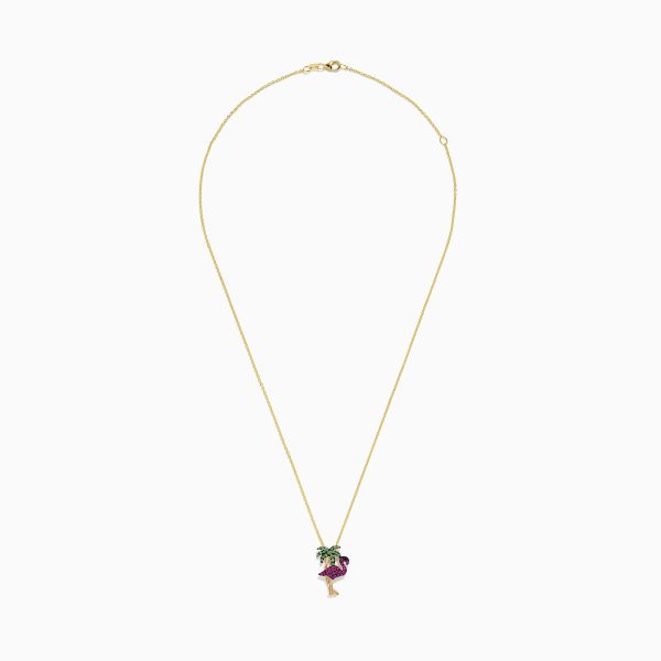 14K Gold Pink Sapphire and Tsavorite Flamingo with Palm Tree Pendant Online Sale