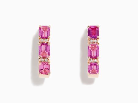 14K Rose Gold Pink Sapphire and Diamond Huggie Hoop Earrings Sale