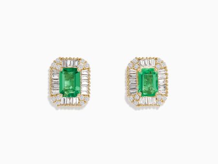 14K Yellow Gold Baguette Diamond Halo Emerald Stud Earrings Supply