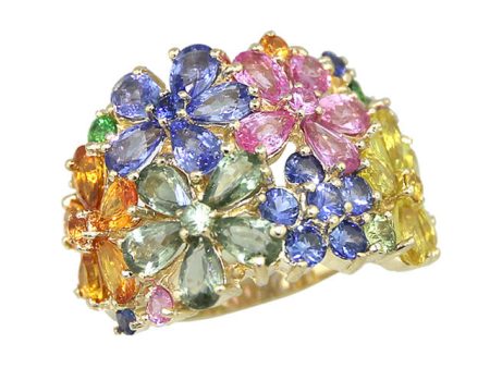 Watercolors 14K Yellow Gold Multi Sapphire Floral Ring, 9.07 TCW Sale