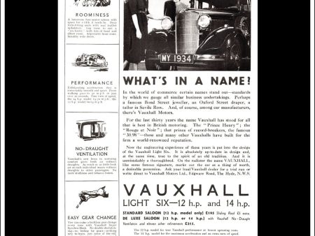 Vauxhall Light Six 12 h.p. and 14 h.p. Original Vintage Advert From May 1st 1934. Online