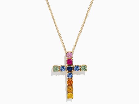 Watercolors 14K Yellow Gold Multi Sapphire Cross Pendant, 2.05 TCW Supply