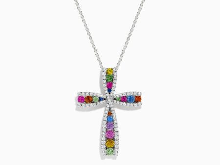 Watercolors 14K White Gold Multi Sapphire and Diamond Cross Pendant Supply