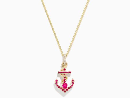 Seaside 14K Yellow Gold Ruby and Diamond Anchor Pendant For Sale