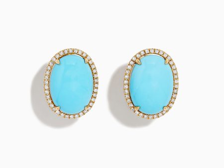 14K Yellow Gold Turquoise and Diamond Earrings For Sale