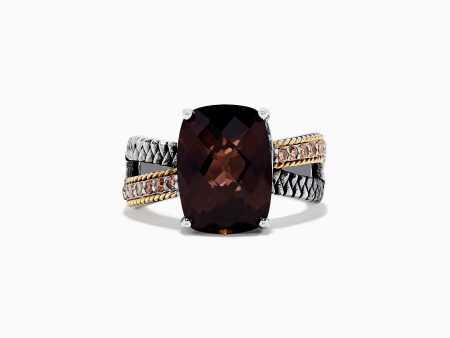 925 Sterling Silver & 18K Gold Smokey Quartz and Diamond Ring For Cheap