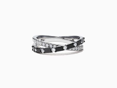 14K White Gold Black and White Diamond Crossover Ring, 0.77 TCW For Discount