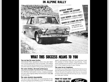 Ford Cortina. Original Vintage Advert From August, 1964. Alpine Rally Win. on Sale