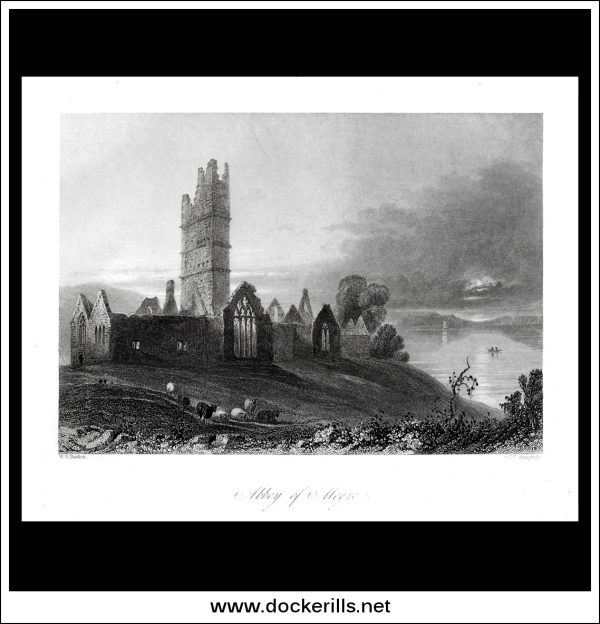 Abbey Of Moyne, Co. Mayo, Ireland. Antique Print, Steel Engraving c. 1840. Sale