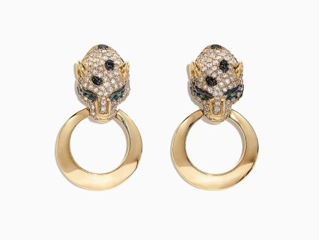 Signature 14K Yellow Gold Diamond Emerald Panther Earrings, 0.93 TCW For Cheap