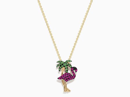 14K Gold Pink Sapphire and Tsavorite Flamingo with Palm Tree Pendant Online Sale