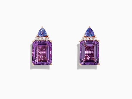 14K Rose Gold Amethyst, Tanzanite and Diamond Earrings, 8.62 TCW Fashion