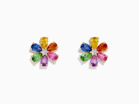 Watercolors 14K Gold Multi Sapphire and Diamond Flower Stud Earrings Hot on Sale