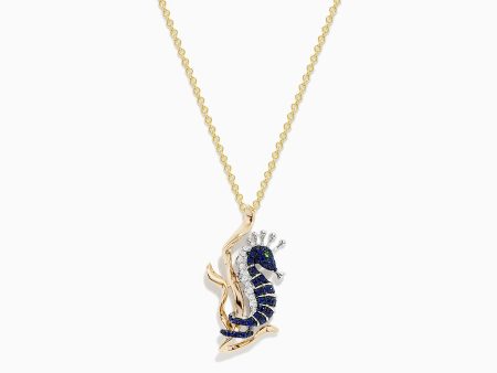 Seaside 14K Yellow Gold Sapphire and Diamond Seahorse Pendant For Discount