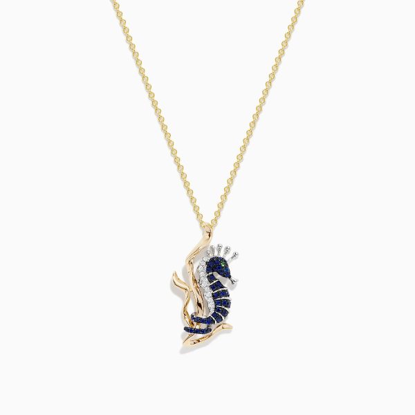 Seaside 14K Yellow Gold Sapphire and Diamond Seahorse Pendant For Discount