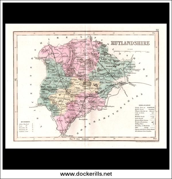 Map Of Rutlandshire, England. Antique Print, Steel Engraving c. 1846. Online Hot Sale