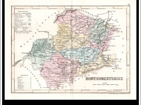 Map Of Montgomeryshire, Wales. Antique Print, Steel Engraving c. 1846. Cheap