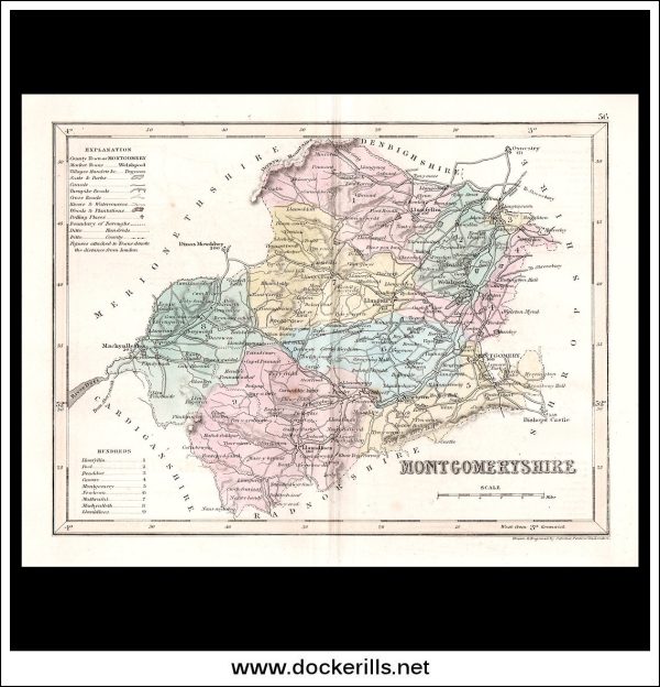 Map Of Montgomeryshire, Wales. Antique Print, Steel Engraving c. 1846. Cheap