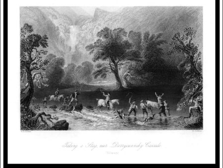 Taking A Stag Near Derrycunnihy Cascade (Killarney), Co. Kerry, Ireland. Antique Print, Steel Engraving c. 1840. Online Sale