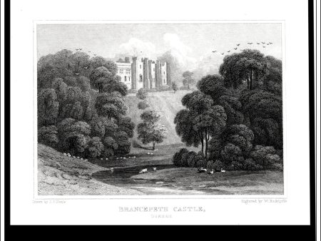 Brancepeth Castle, County Durham, England. Antique Print, Steel Engraving c. 1830. Online Sale