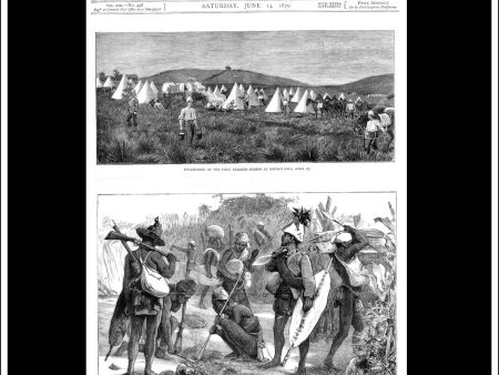 The Zulu War, Encampment First Dragoon Guards   Native Contingent. Antique Print, Wood Engraving, The Graphic Front Page, June 14th, 1879. Online Hot Sale