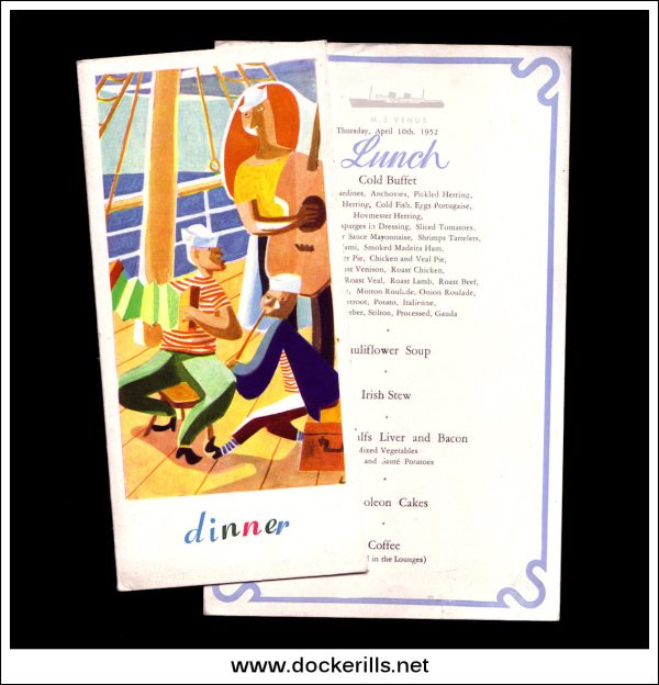 Group of Breakfast, Lunch & Dinner Menus From M.S. Venus, Bergen Steamship Co. April 3rd-10th 1952. Liner Supply