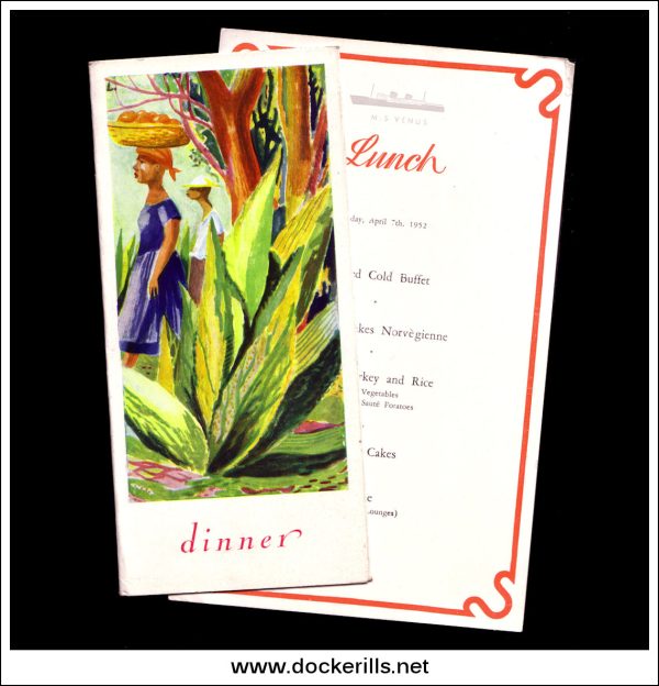 Group of Breakfast, Lunch & Dinner Menus From M.S. Venus, Bergen Steamship Co. April 3rd-10th 1952. Liner Supply