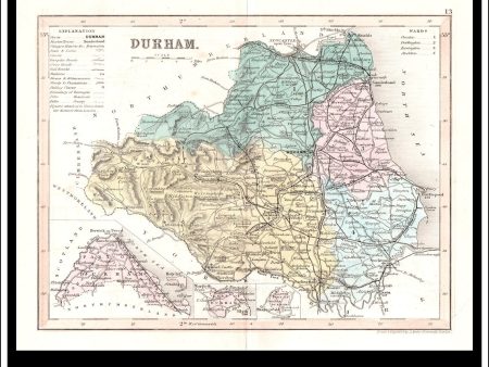 Map Of Durham, England. Antique Print, Steel Engraving c. 1846. on Sale